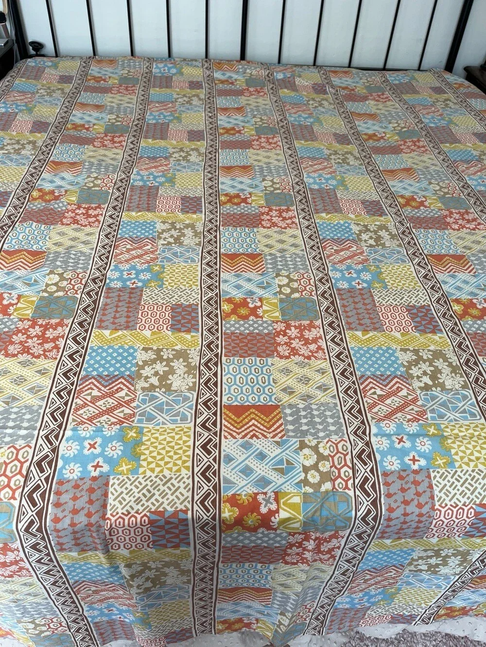 VTG Martex King Flat Sheet Bakuba Geometric Patchwork Stranger Things